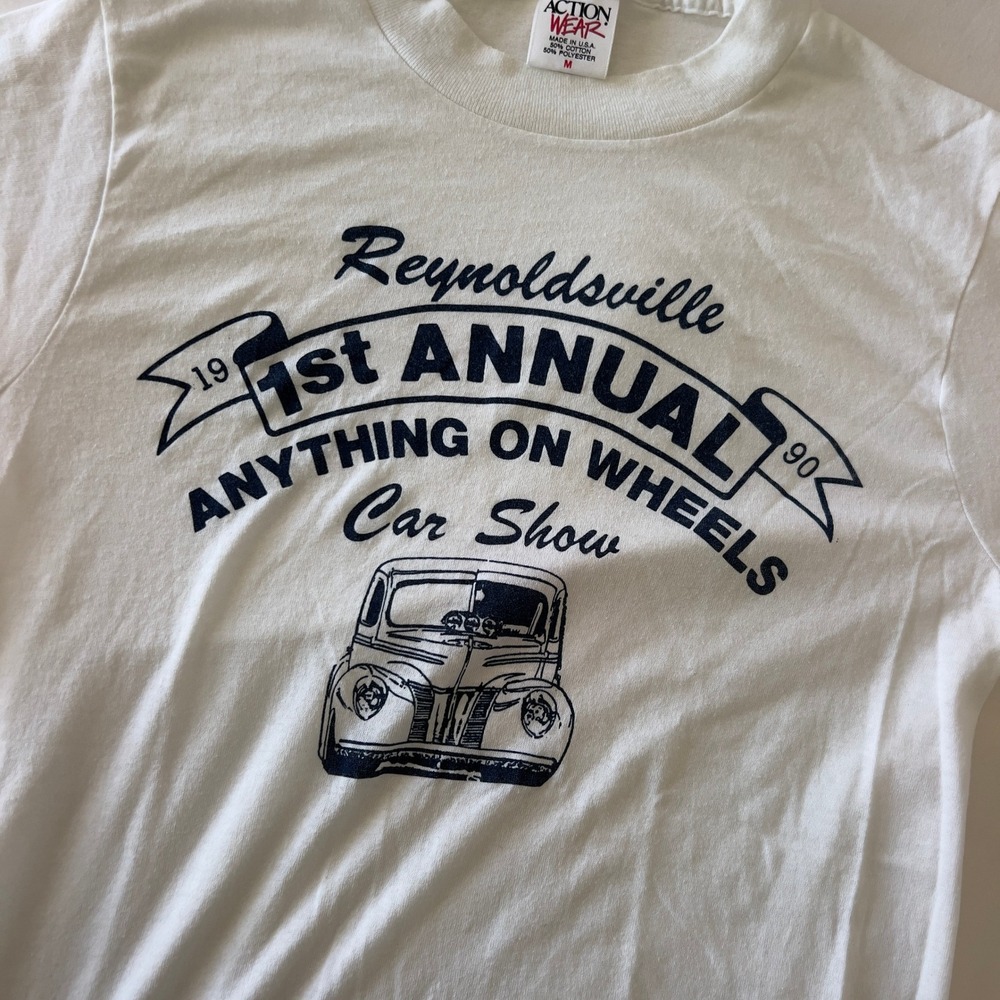 Vintage 1990 Reynoldsville Car Show Graphic T-Shirt White Action Wear USA Made M - Picture 2 of 5